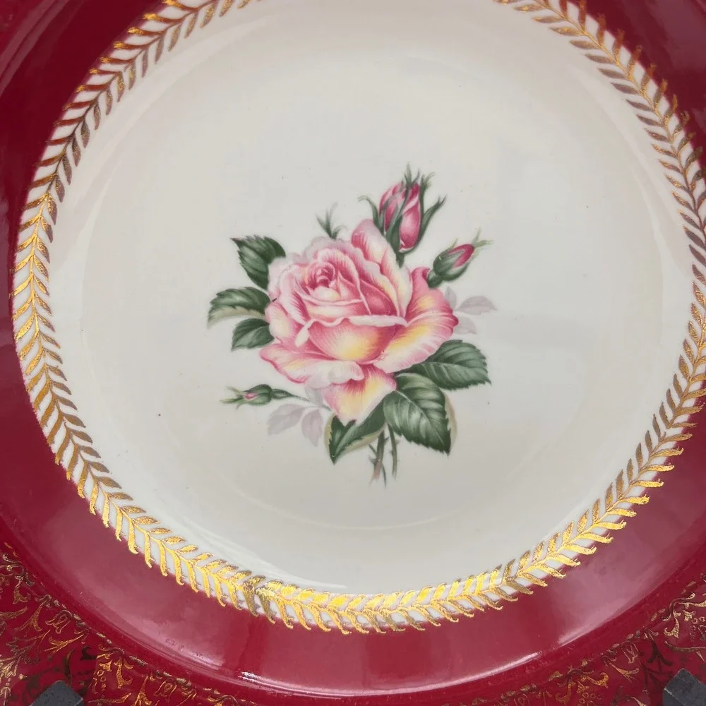 Homer Laughlin Lady Stratford Soup Bowl Set 4 Maroon Red Gold Rose Vintage